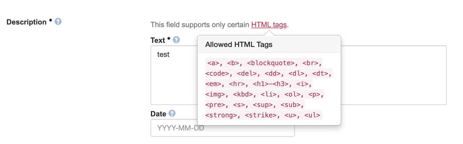 Description field Allowed HTML pop-up tag information
