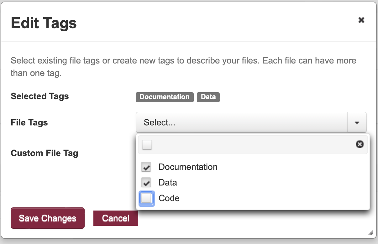 Screenshot of Dataverse Edit Tags box with selected tags
